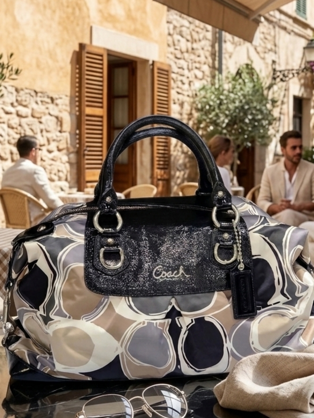 COACH Poppy Pop C Graffiti Appliqué Satchel Handbag - Black & Khaki - Picture 5 of 16